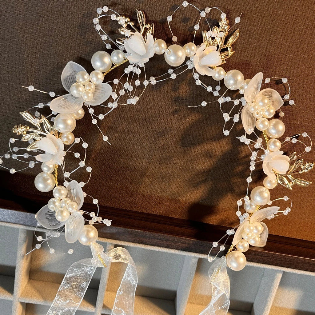 New Fairy Tale Children's Headband Golden Leaf & Pearl Flower Garland Crown Hairband Handmade for Girls Birthday Pageant