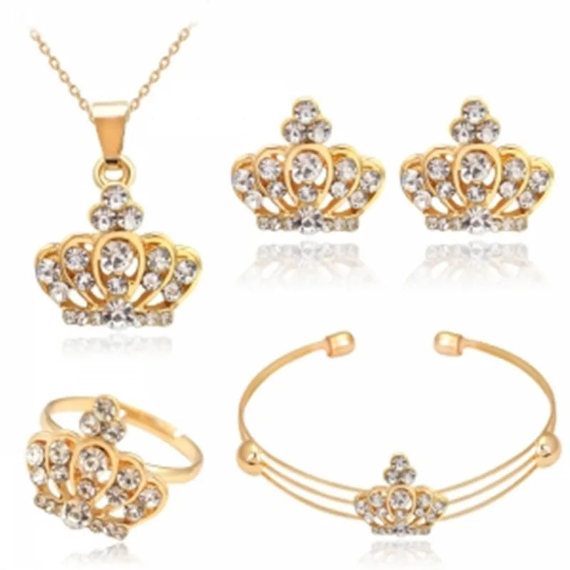 New 4pcs Luxury Gold Color Crown Jewelry Sets For Women Wedding Jewelry Crystal Necklace/Earring/Bracelet/Ring Set For Woman