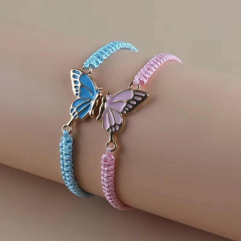 2Pcs Braided Rope Women Bracelet Black White Blue Pink Splicing Butterfly Girl Friendship Couple Braclet for Bestie Adjustable ﻿