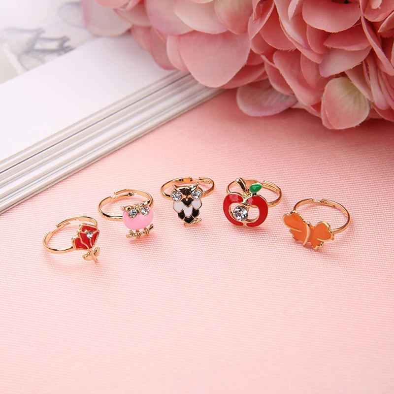 6/12Pcs Cute Cartoon Kids Rings Kawaii Children Girls Flower Alloy Finger Rings Child Jewelry Birthday Gift Adjustable Rings