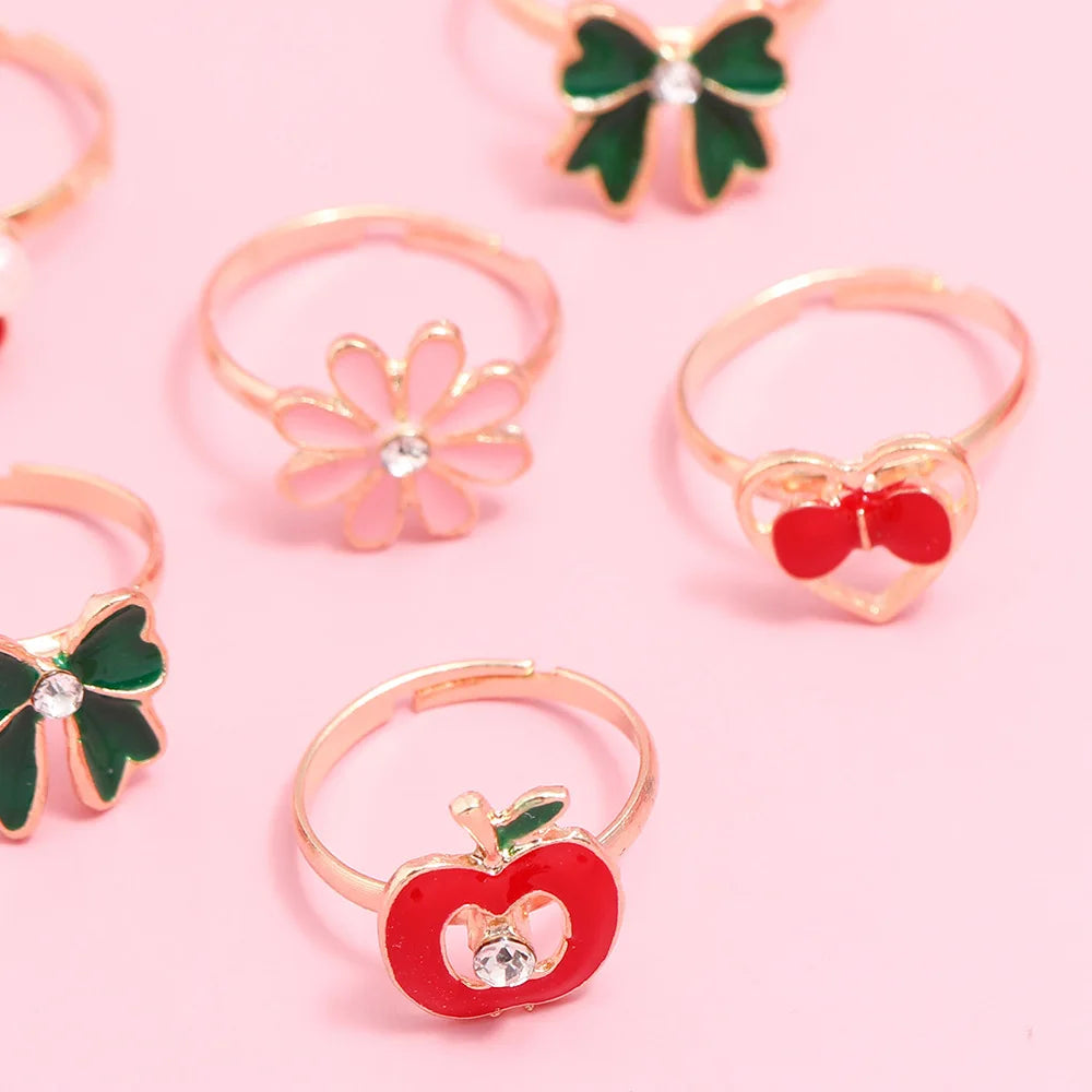 6/12Pcs Cute Cartoon Kids Rings Kawaii Children Girls Flower Alloy Finger Rings Child Jewelry Birthday Gift Adjustable Rings