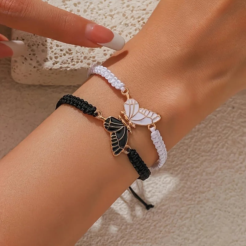 2Pcs Braided Rope Women Bracelet Black White Blue Pink Splicing Butterfly Girl Friendship Couple Braclet for Bestie Adjustable ﻿