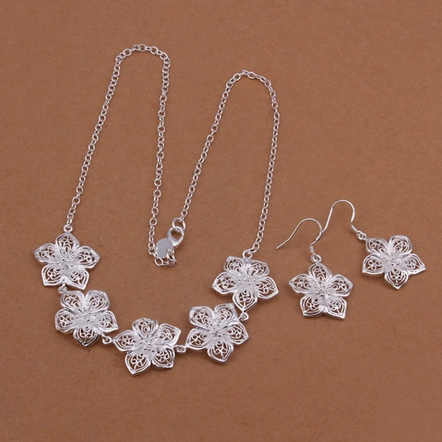 Silver color wedding jewelry charm hollow flower pendant necklace Earrings fashion women Women lady , jewelry Set