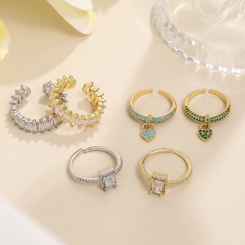 BenS 3 styles opening rings for women Brass cubic zirconia rectangle adjustable girls rings Fashion party Jewelry wholesale R11