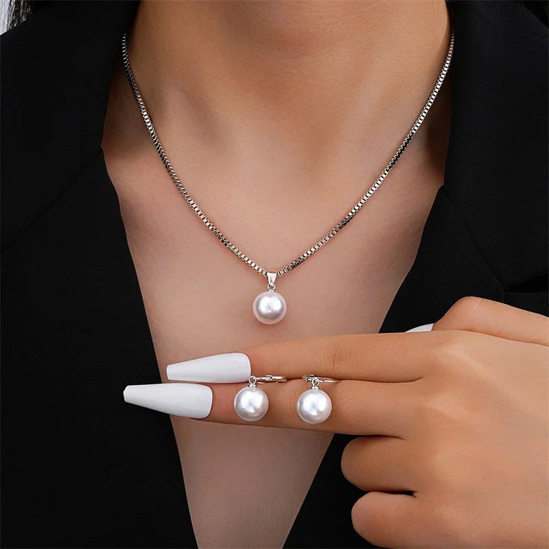 3 Pcs Round Pearl Jewelry Set Of Earring Pendant Necklace For Women Exquisite Fashion Rhinestone Double Wedding Jewelry Set Gift