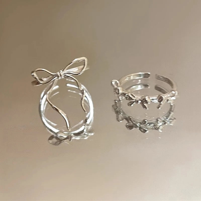 2Pcs Fashion Bow Ribbon Rings For Women Girls Sweet Cute Geometric Bow Opening Adjustable Rings Wedding Party Jewelry Gifts