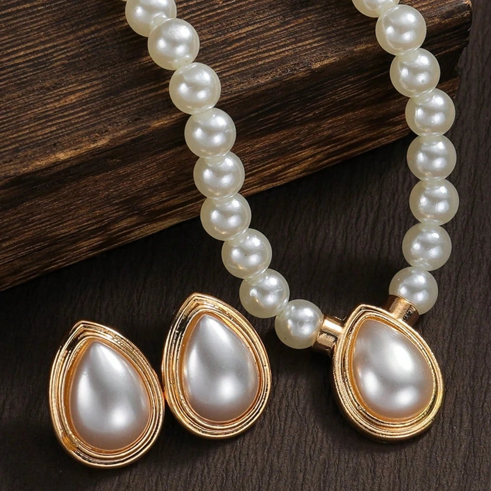 New Bride Wedding Jewelry Sets For Women Fashion Elegant Minimalist Imitation Pearl Water Drop Choker Neckchain And Earrings