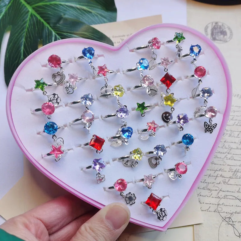 5pcs/Box Zircon Rings For Girls Kids Child Jewelry Adjustable Little Crystal Play Box Gift Toy Pretend Dress Up Rhinestone Ring