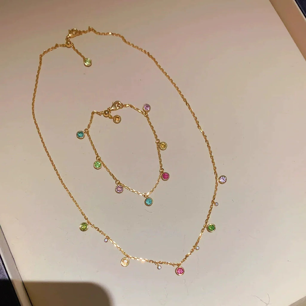 Foydjew Fashion Exquisite Rainbow Colorful Zircon Necklaces Bracelets Gold Color Multi-layer Rings Jewelry Sets For Women
