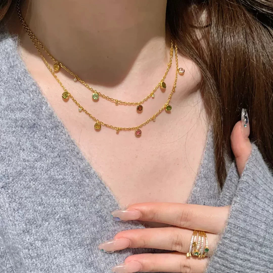 Foydjew Fashion Exquisite Rainbow Colorful Zircon Necklaces Bracelets Gold Color Multi-layer Rings Jewelry Sets For Women