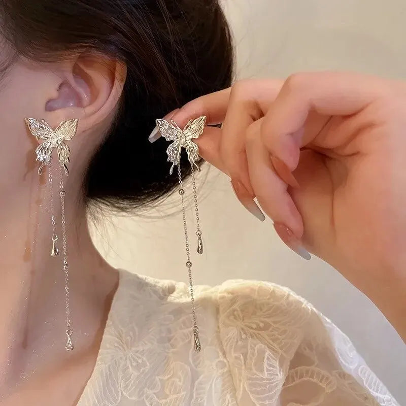 1Pair Elegant Elf Butterfly Long Tassel Clip Earrings for Women Wed Bridal Retro Kpop No Piercing Earbone Ear Cuff Jewelry Gift