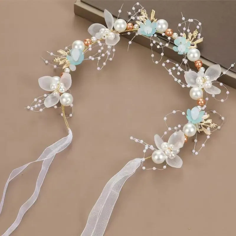 New Fairy Tale Children's Headband Golden Leaf & Pearl Flower Garland Crown Hairband Handmade for Girls Birthday Pageant