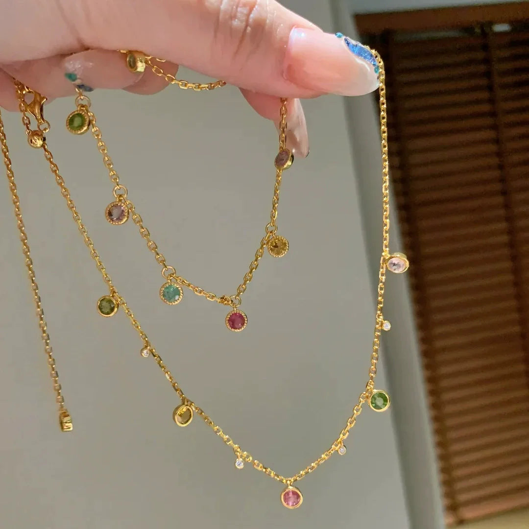 Foydjew Fashion Exquisite Rainbow Colorful Zircon Necklaces Bracelets Gold Color Multi-layer Rings Jewelry Sets For Women