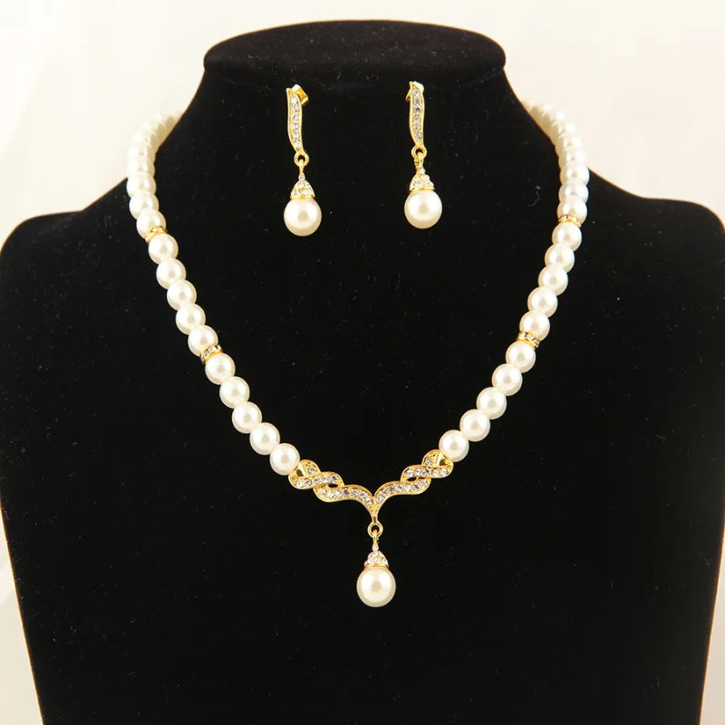 Pearl Necklace Gold Color Jewelry Set for Women Clear Crystal Elegant Party Gift Fashion Costume Jewelry Sets