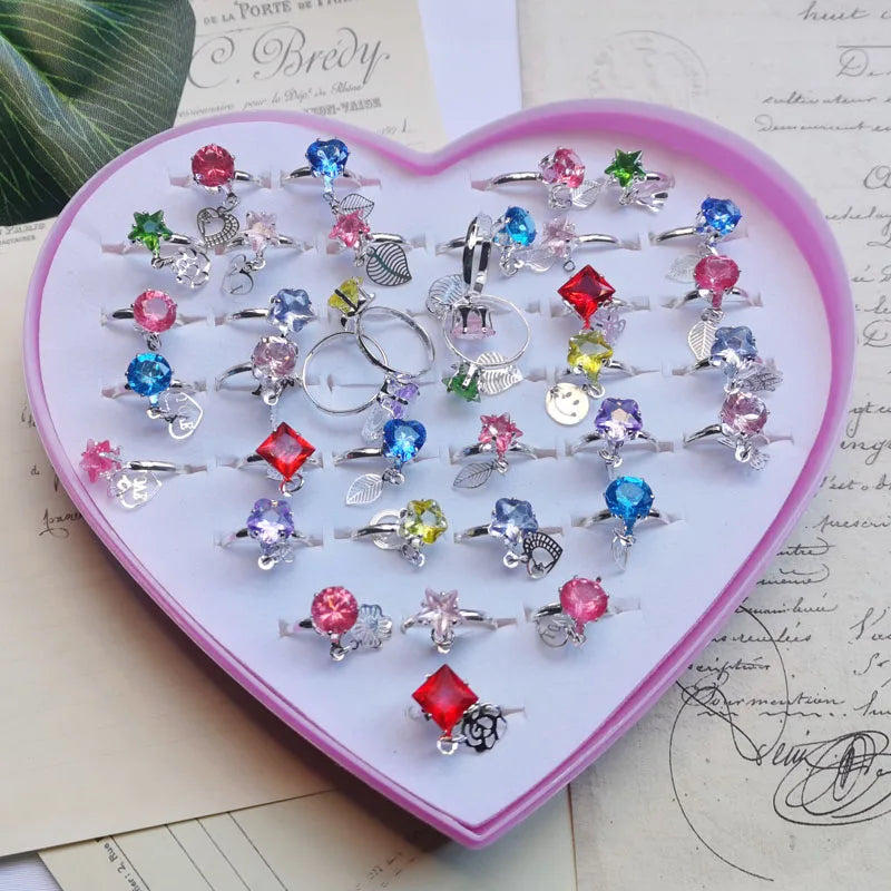 5pcs/Box Zircon Rings For Girls Kids Child Jewelry Adjustable Little Crystal Play Box Gift Toy Pretend Dress Up Rhinestone Ring