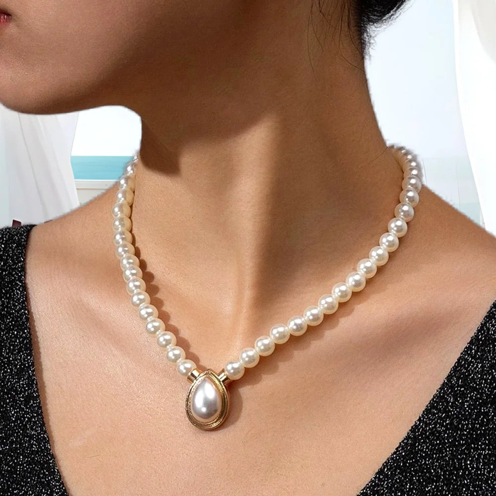 New Bride Wedding Jewelry Sets For Women Fashion Elegant Minimalist Imitation Pearl Water Drop Choker Neckchain And Earrings