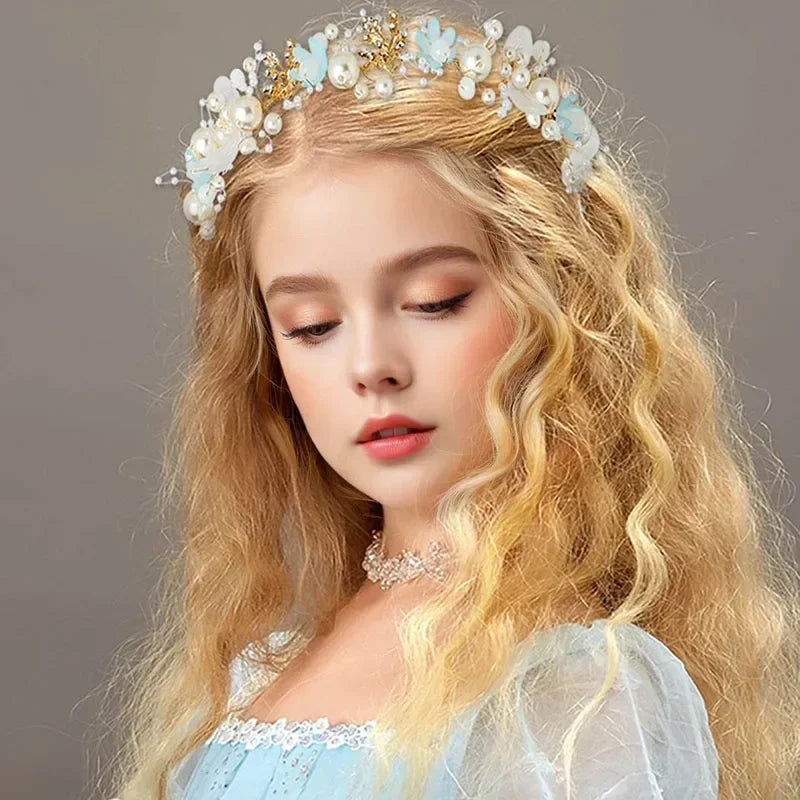 New Fairy Tale Children's Headband Golden Leaf & Pearl Flower Garland Crown Hairband Handmade for Girls Birthday Pageant