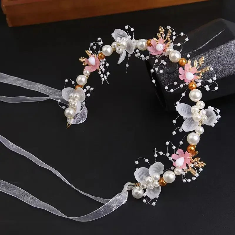 New Fairy Tale Children's Headband Golden Leaf & Pearl Flower Garland Crown Hairband Handmade for Girls Birthday Pageant