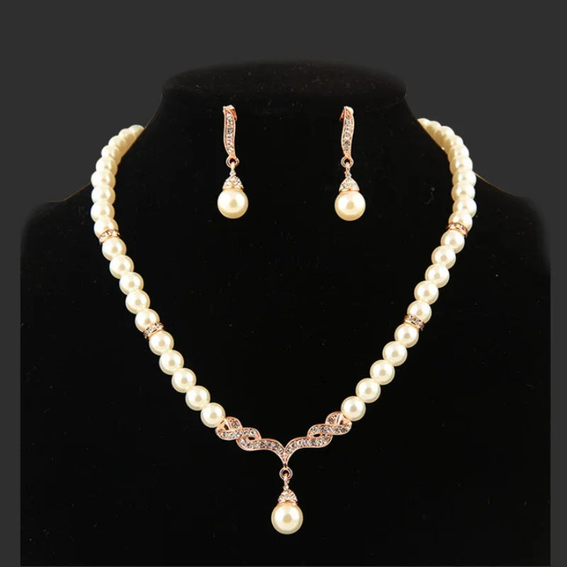 Pearl Necklace Gold Color Jewelry Set for Women Clear Crystal Elegant Party Gift Fashion Costume Jewelry Sets