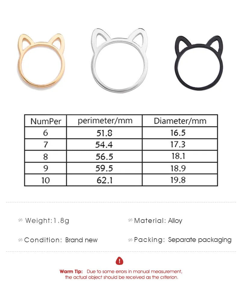 Cat Ear Ring Design Cute Fashion Jewelry Cat Ring For Women and Girl Gifts Adjustable charms Anel