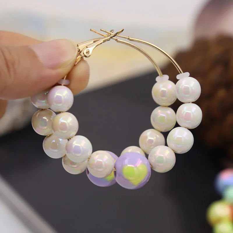Earrings for Women Accessories 2025 New Fashion Round Beads Love Heart Colorful Hoop Earrings Leisure Party Vacation Jewelry