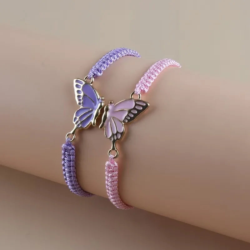 2Pcs Braided Rope Women Bracelet Black White Blue Pink Splicing Butterfly Girl Friendship Couple Braclet for Bestie Adjustable ﻿