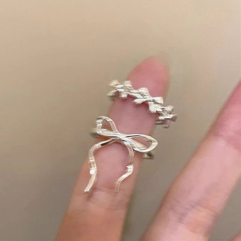 2Pcs Fashion Bow Ribbon Rings For Women Girls Sweet Cute Geometric Bow Opening Adjustable Rings Wedding Party Jewelry Gifts