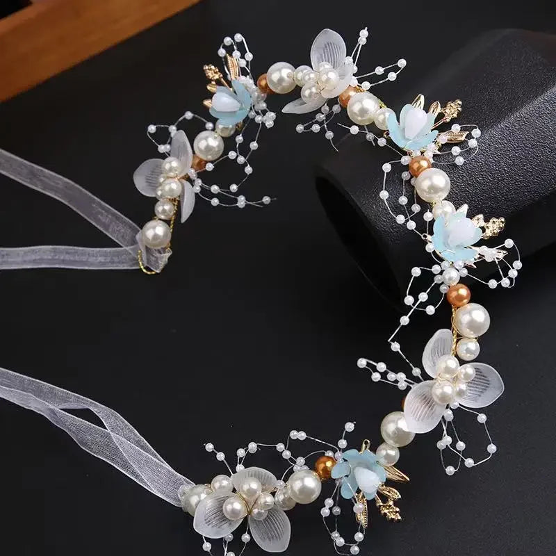 New Fairy Tale Children's Headband Golden Leaf & Pearl Flower Garland Crown Hairband Handmade for Girls Birthday Pageant