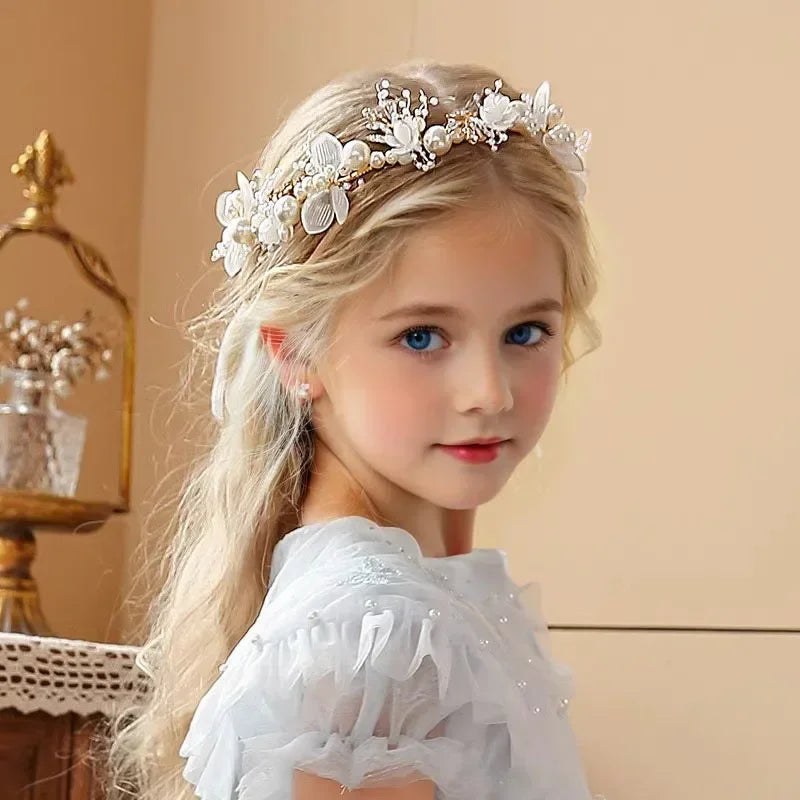 New Fairy Tale Children's Headband Golden Leaf & Pearl Flower Garland Crown Hairband Handmade for Girls Birthday Pageant