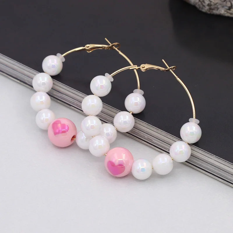 Earrings for Women Accessories 2025 New Fashion Round Beads Love Heart Colorful Hoop Earrings Leisure Party Vacation Jewelry