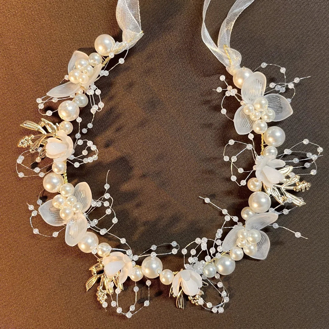 New Fairy Tale Children's Headband Golden Leaf & Pearl Flower Garland Crown Hairband Handmade for Girls Birthday Pageant