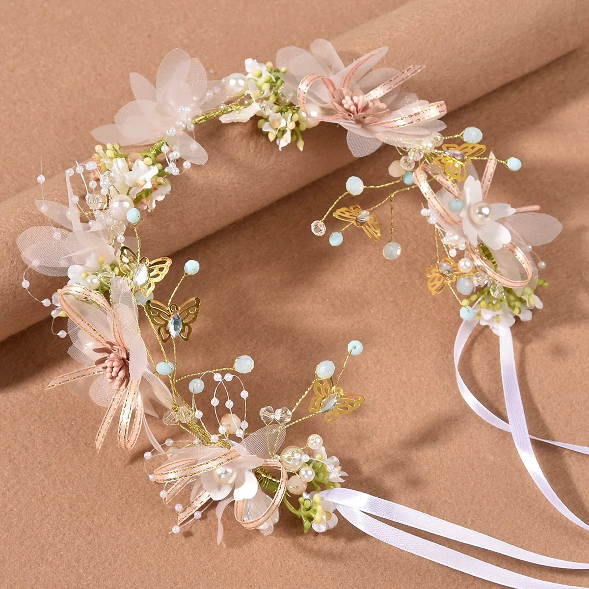 New Fairy Tale Children's Headband Golden Leaf & Pearl Flower Garland Crown Hairband Handmade for Girls Birthday Pageant