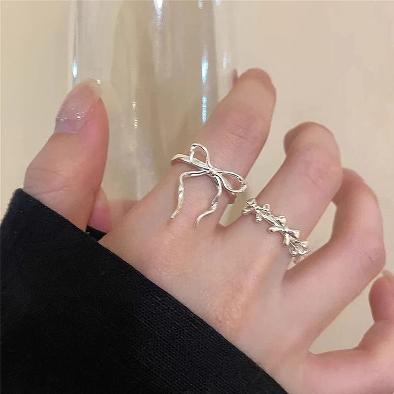 2Pcs Fashion Bow Ribbon Rings For Women Girls Sweet Cute Geometric Bow Opening Adjustable Rings Wedding Party Jewelry Gifts