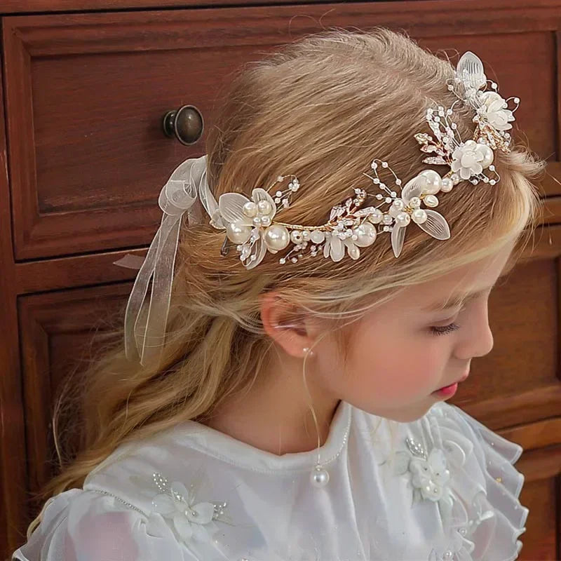 New Fairy Tale Children's Headband Golden Leaf & Pearl Flower Garland Crown Hairband Handmade for Girls Birthday Pageant