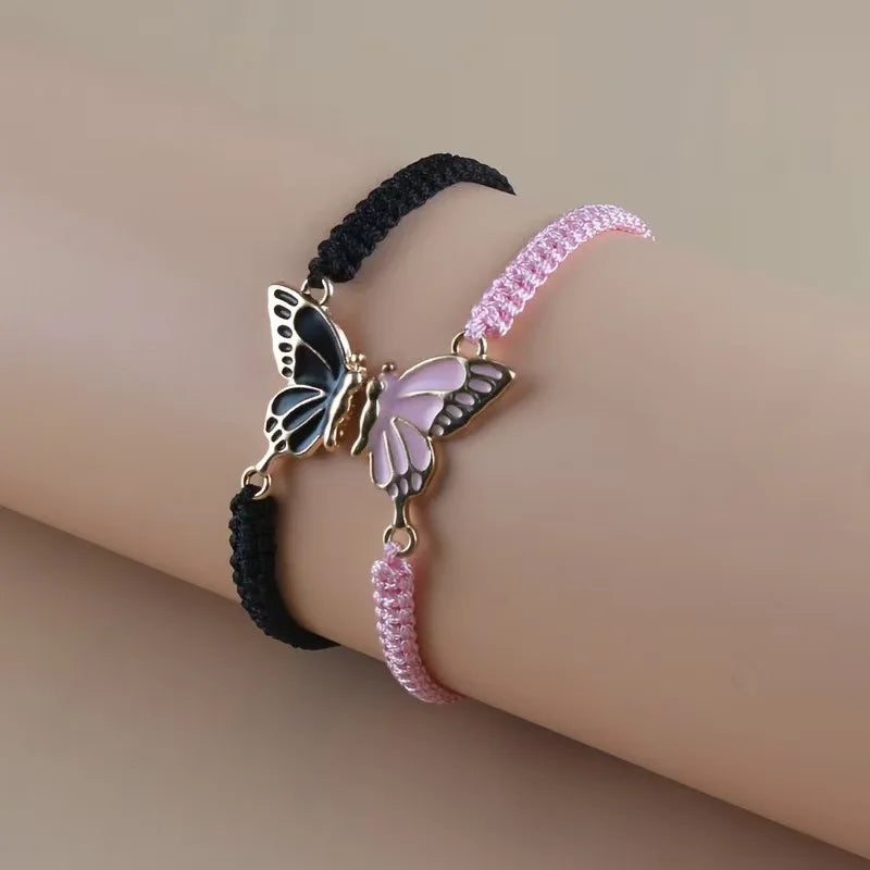 2Pcs Braided Rope Women Bracelet Black White Blue Pink Splicing Butterfly Girl Friendship Couple Braclet for Bestie Adjustable ﻿