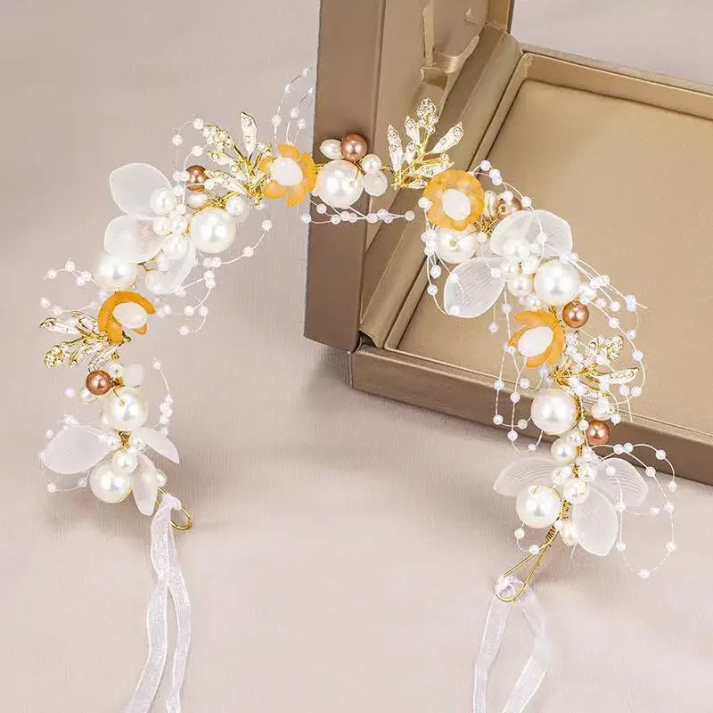 New Fairy Tale Children's Headband Golden Leaf & Pearl Flower Garland Crown Hairband Handmade for Girls Birthday Pageant