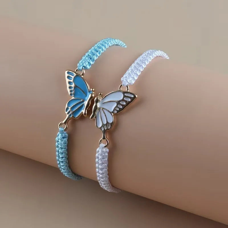 2Pcs Braided Rope Women Bracelet Black White Blue Pink Splicing Butterfly Girl Friendship Couple Braclet for Bestie Adjustable ﻿