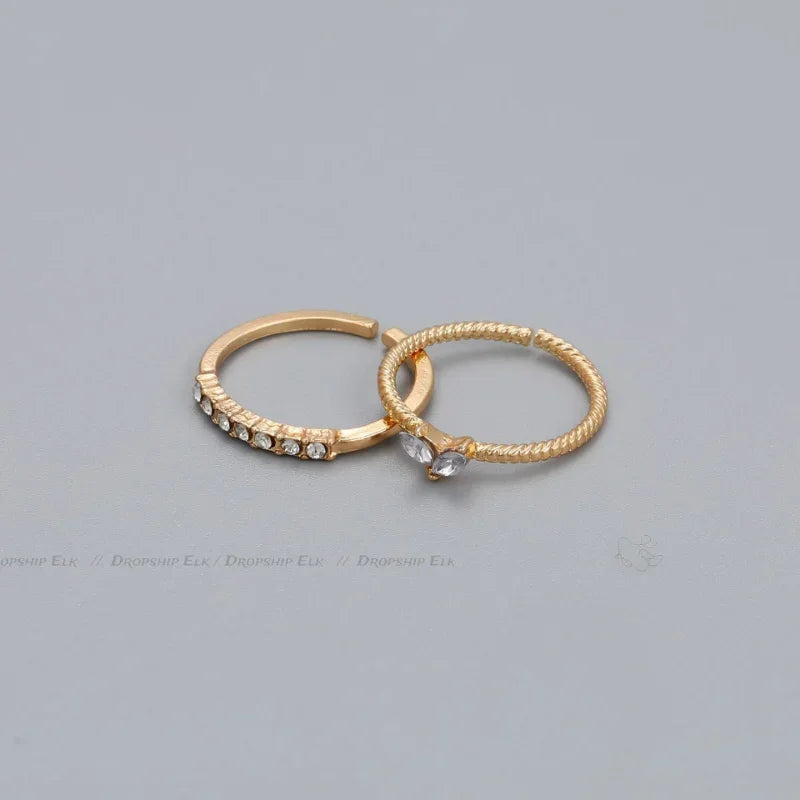 2pcs/set Gold Color Heart Zircon Rings Set for Women Girls Adjustable Minimalism Luxury Twist Ring Fashion Jewelry Wedding Gifts