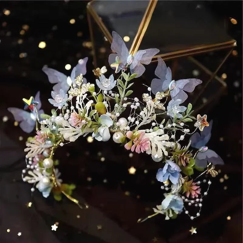 New Fairy Tale Children's Headband Golden Leaf & Pearl Flower Garland Crown Hairband Handmade for Girls Birthday Pageant