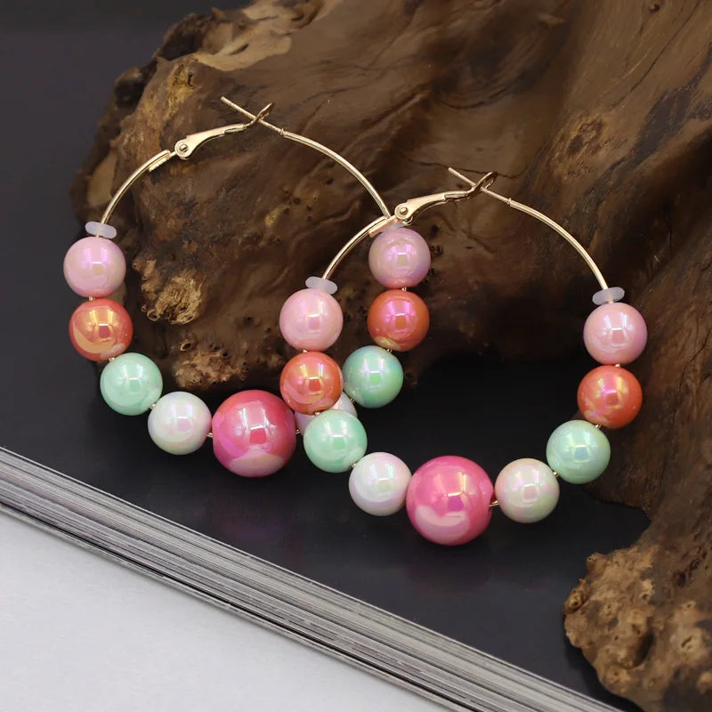 Earrings for Women Accessories 2025 New Fashion Round Beads Love Heart Colorful Hoop Earrings Leisure Party Vacation Jewelry