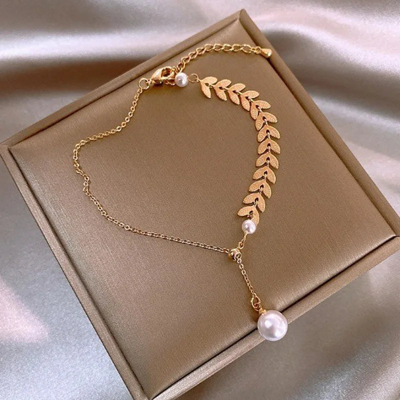 JWER Simple Wheat Ear Pearl Bracelet Necklace Earrings Jewelry Set for Women Temperament Lucky Gold Color Bracelet Charm Jewelry