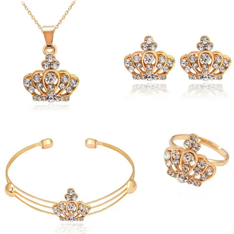 New 4pcs Luxury Gold Color Crown Jewelry Sets For Women Wedding Jewelry Crystal Necklace/Earring/Bracelet/Ring Set For Woman