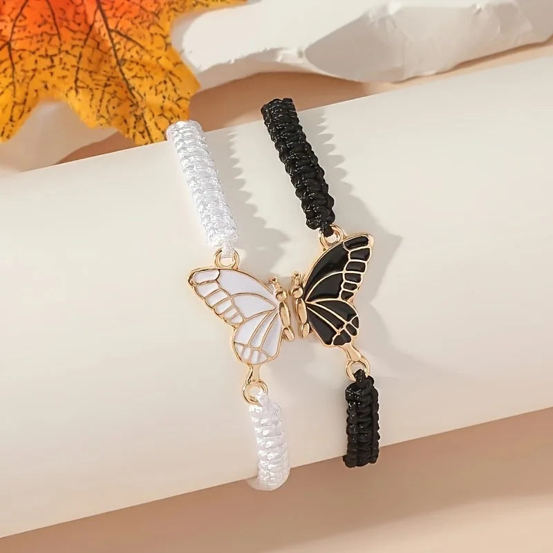 2Pcs Braided Rope Women Bracelet Black White Blue Pink Splicing Butterfly Girl Friendship Couple Braclet for Bestie Adjustable ﻿