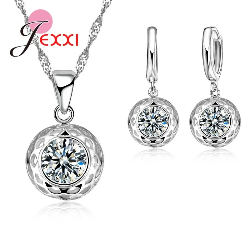 New 925 Sterling Silver Jewelry Set Engagement Wedding Bridal Crystal Rhinestone Flower Round Pendant Necklace Earring Sets