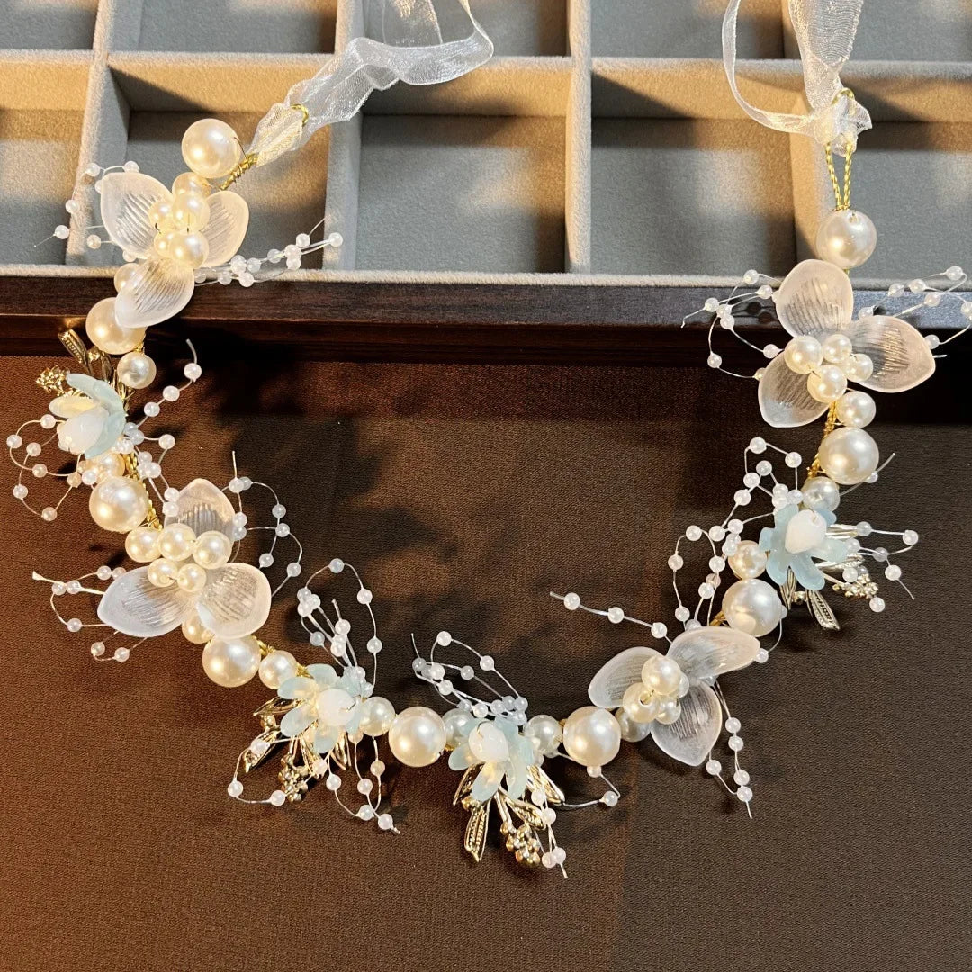 New Fairy Tale Children's Headband Golden Leaf & Pearl Flower Garland Crown Hairband Handmade for Girls Birthday Pageant