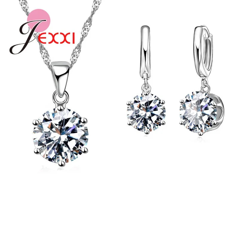 New 925 Sterling Silver Jewelry Set Engagement Wedding Bridal Crystal Rhinestone Flower Round Pendant Necklace Earring Sets