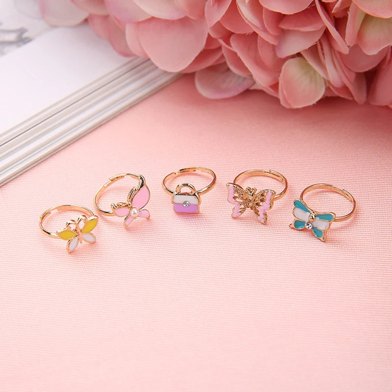 6/12Pcs Cute Cartoon Kids Rings Kawaii Children Girls Flower Alloy Finger Rings Child Jewelry Birthday Gift Adjustable Rings
