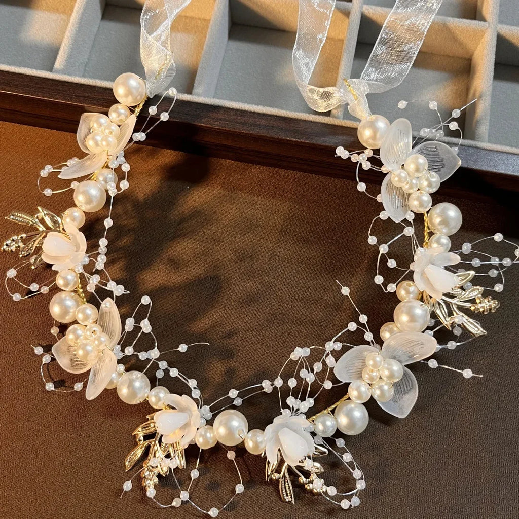 New Fairy Tale Children's Headband Golden Leaf & Pearl Flower Garland Crown Hairband Handmade for Girls Birthday Pageant
