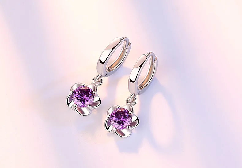 925 Sterling Silver Earrings Jewelry High Quality Retro Simple Pattern Purple White Zircon Earrings Hot Sale