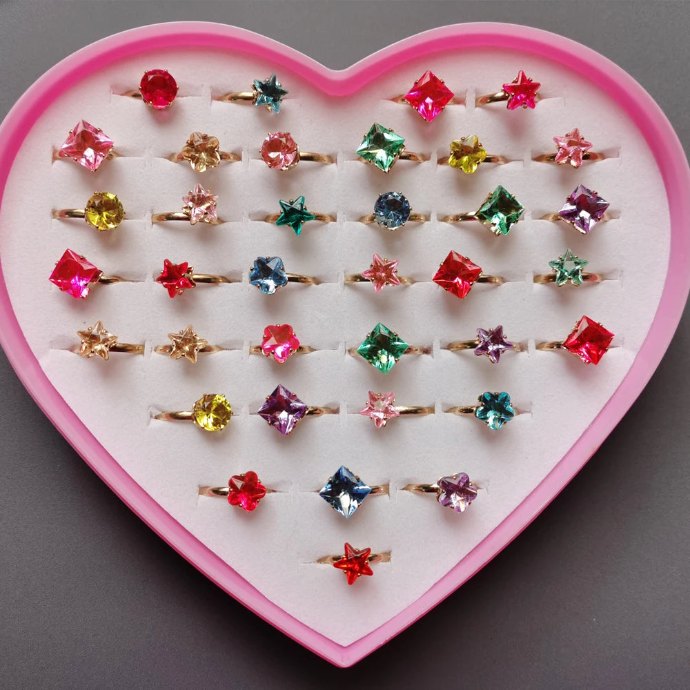 5pcs/Box Zircon Rings For Girls Kids Child Jewelry Adjustable Little Crystal Play Box Gift Toy Pretend Dress Up Rhinestone Ring